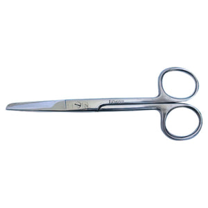 Stainless steel scissors with one sharp and one blunt blade and plain ring handles, shown open