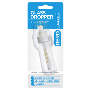 Blue and white AERO SUPPLIES blister card holding a glass dropper, printed 1 mL capacity, simple to sterilise, chemical resistant glass and reusable