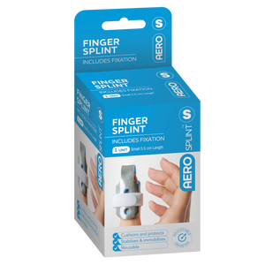Blue and white AERO SPLINT box printed Finger Splint, includes fixation, cushions and protects, marked small and 1 unit