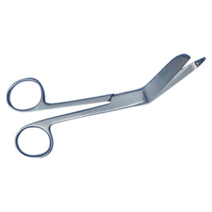 Stainless steel Lister bandage scissors with an angled blade and a blunt probe tip, shown open