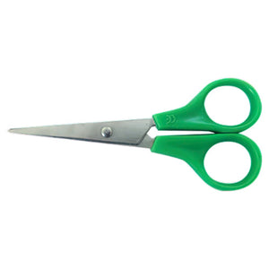 Stainless steel scissors with green moulded plastic ring handles, shown open on a plain background