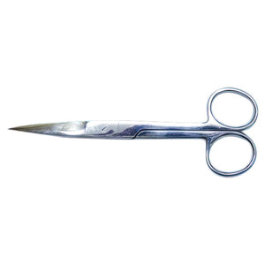 Slim stainless steel scissors with sharp pointed blades and plain metal ring handles, shown part open