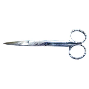 Small stainless steel scissors with sharp pointed blades and ring handles, shown open