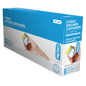 Blue and white AERO box printed Sterile Specimen Containers with tamper seal, marked 10 units