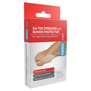 Red and white AEROSTEP box printed gel toe spreader and bunion protector for alignment and protection, listing relieves pain, dampens pressure and washable and reusable, marked 1 unit