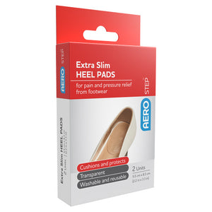 Red and white AEROSTEP box for extra slim heel pads, printed for pain and pressure relief from footwear, marked 2 units