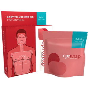 Red and white cprwrap carton printed easy to use CPR aid for anyone, adult, shown beside its pink foil pouch