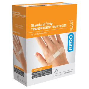 Orange AEROPLAST box of standard strip transparent bandages printed hypo-allergenic and SupaBond adhesive, marked 50