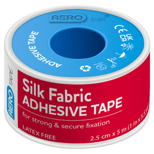 Red and blue AERO TAPE spool printed silk fabric adhesive tape for strong and secure fixation, latex free, 2.5cm x 5m