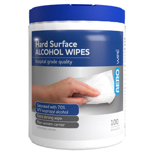 White AEROWIPE canister printed hard surface alcohol wipes, hospital grade quality, listing saturated with 70 percent isopropyl alcohol, extra strong wipe and non-woven carrier, marked 100