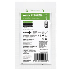 White peel open sachet printed wound dressing for absorbent compression, marked No. 13, sterile and hypoallergenic, carrying the AEROWOUND branding and a barcode