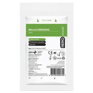 White peel open sachet printed wound dressing, listing latex free, premium quality and sterile, marked 1 piece, No. 14 medium BPC