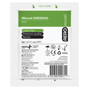 White peel open sachet printed wound dressing, white, listing latex free, premium quality and sterile, marked 1 piece, No. 15 large BPC