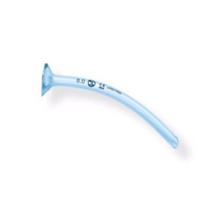 Curved translucent blue nasopharyngeal airway with a flared flange at the wide end, shown on a plain background