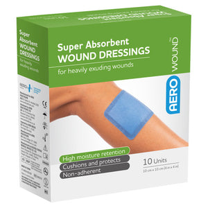 Green AEROWOUND box printed super absorbent wound dressings for heavily exuding wounds, listing high moisture retention, cushions and protects and non-adherent, marked 10 units
