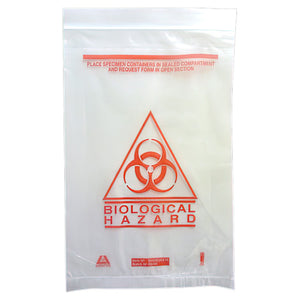 Clear resealable specimen bag printed with a red biological hazard triangle and the instruction to place the specimen container in the sealed compartment and the request form in the open section