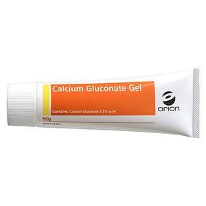 White tube with an orange label printed calcium gluconate gel, stating it contains calcium gluconate 2.5 percent, 50g, branded ORION