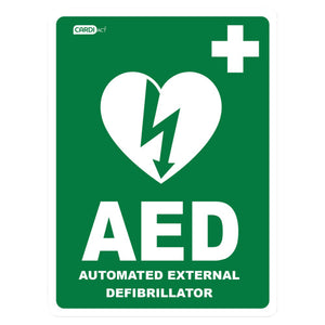 Green rectangular sign with a white heart and lightning bolt symbol, printed AED Automated External Defibrillator with the CARDIACT mark