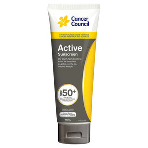 Cancer Council Active Sunscreen in a 110mL tube with a grey label, printed dry touch, fast absorbing lotion, SPF 50 plus