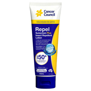 Cancer Council Repel sunscreen plus insect repellent lotion in a 110mL tube with a dark blue base, printed as a dual use lotion providing sun protection and repelling mosquitoes, flies and midges, SPF 50 plus
