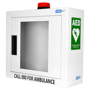 White wall mounted AED cabinet with a clear window, a red strobe on top and the CARDIACT mark, printed CALL 000 FOR AMBULANCE and AED