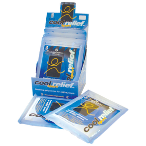 Blue and white counter display carton of cool relief gel patches with individual foil sachets in front of it