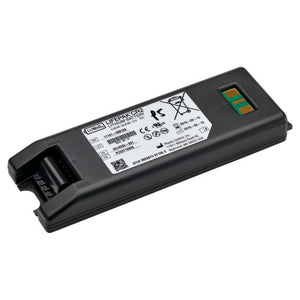 Black moulded LIFEPAK battery pack with a printed label panel and a charge indicator strip
