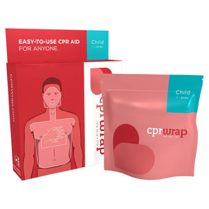 Red and pink cprwrap packaging printed easy to use CPR aid for anyone, marked child, shown with the resealable pouch beside the carton