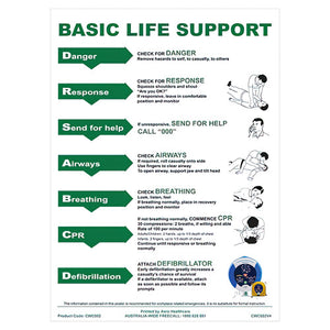Basic life support wall chart listing danger, response, send for help, airways, breathing, CPR and defibrillation with an illustration beside each step