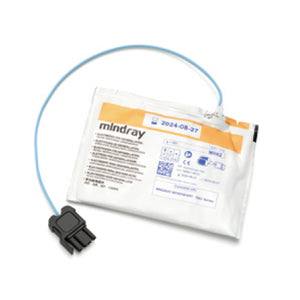 Sealed clear defibrillation pad pouch with a mindray label and an attached lead and black connector
