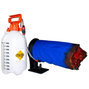 Pressurised fluid bottle with a pump handle connected by hose to a simulated leg wound trainer in a blue sleeve