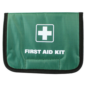 Green fold over fabric first aid wallet printed first aid kit with a white cross, shown closed and flat