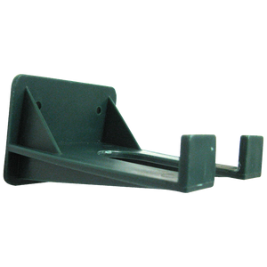 Dark green moulded plastic wall bracket with an angled back plate and two moulded hooks