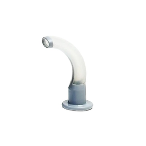 Curved white oropharyngeal airway with a grey moulded flange, standing upright on the flange