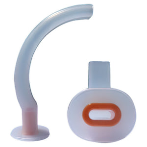 Clear moulded Guedel airway with its curved tube and separate oval bite block, both shown on a plain background
