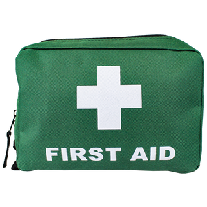 Small green fabric first aid bag with a zip closure and a white cross printed above the words FIRST AID