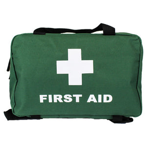Green fabric first aid bag printed first aid with a white cross, with a zip closure and a carry strap