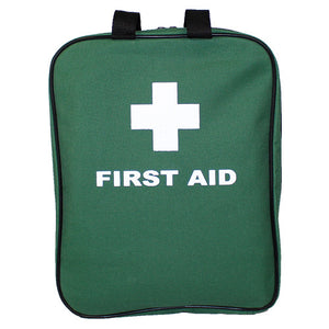 Green fabric first aid bag printed first aid with a white cross, shown closed and flat