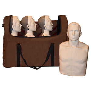 Brown padded carry bag holding three manikin torsos, with a fourth manikin torso standing beside it