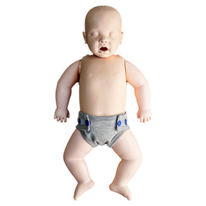 Infant CPR manikin lying on its back, moulded with a nappy and a chest plate