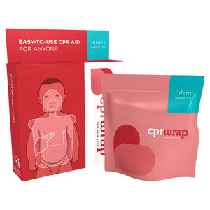Red and pink cprwrap packaging printed easy to use CPR aid for anyone, marked infant, shown with the resealable pouch beside the carton