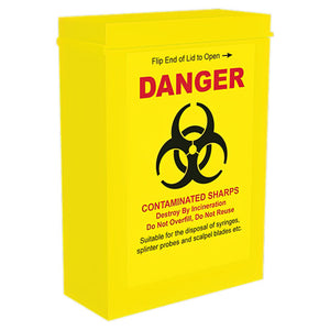 Yellow rigid sharps unit printed danger, contaminated sharps, destroy by incineration, do not overfill, do not reuse, and suitable for the disposal of syringes, splinter probes and scalpel blades