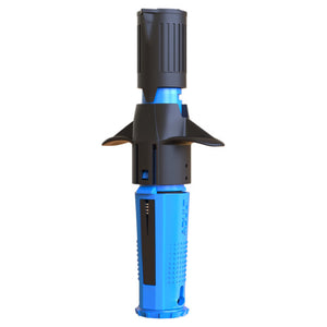 Blue and black NIO Plus device standing upright on its moulded base