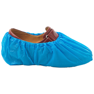 Blue disposable overshoe with an elasticated top fitted over a brown leather shoe
