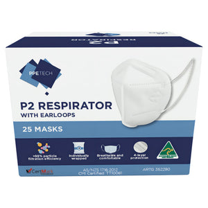 Blue and white PPE TECH box printed P2 respirator with earloops, listing 95 percent particle filtration efficiency, individually wrapped, breathable and comfortable and 4-layer protection, marked 25 masks