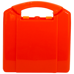 Small orange plastic case with a moulded cut out carry handle and two orange latches