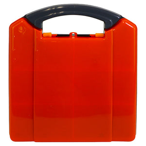 Orange plastic case with a black moulded carry handle and twin catches, shown closed from the front