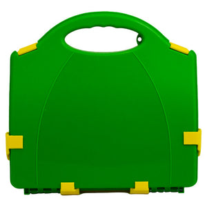 Green plastic case with yellow latches and a moulded carry handle, shown closed from the front