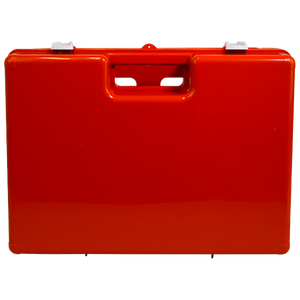 Large red rugged plastic case with a recessed carry handle and two latches, shown closed