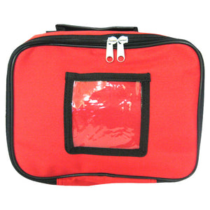 Red fabric first aid bag with a clear identification window on the front and a twin zip closure